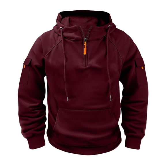 ShomPort Cargo Hoodies for Mens Zipper Drawstring Long Sleeve Sweatshirts with Hooded Multi-Pockets Fall Winter Outdoor Tops