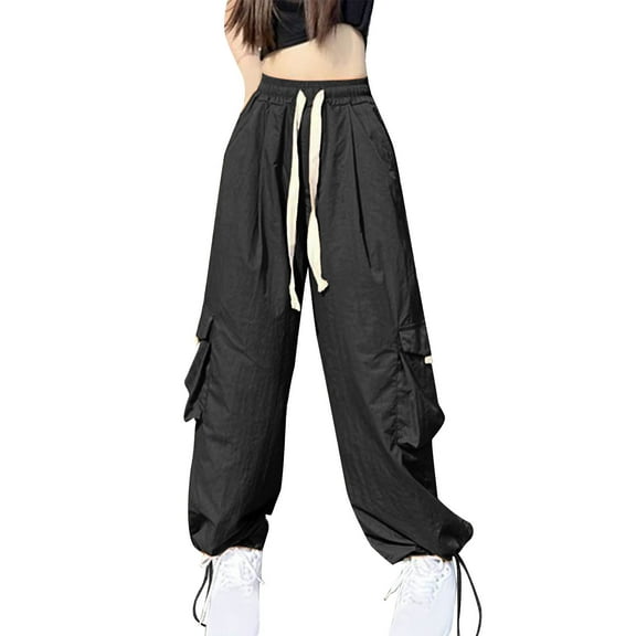ShomPort Cargo Pants for Women Baggy Trendy Pants Wide Leg Drawstring Elastic Waist Streetwear with Pockets