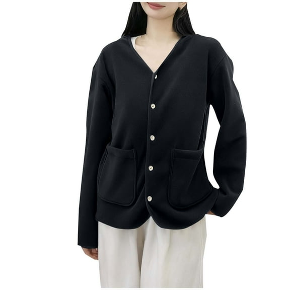 ShomPort Casual Coats for Womens Long Sleeve V-Neck Button Up Thin Lightweight Breathable Jackets Solid Color Fall Comfort Outwear