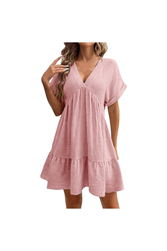 Casual Dress for Women Summer V Neck Lightweight Textured Flowy Loose Vacation Short Sleeve Sundress