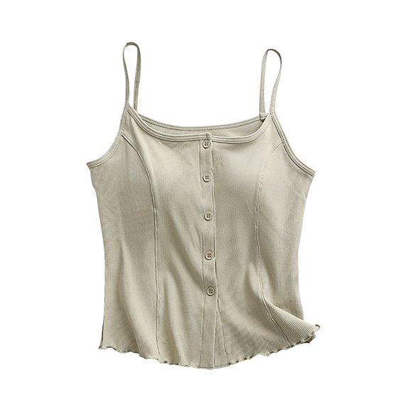 ShomPort Casual Loungewear for Womens Ruffle Trim Button Up Solid Color Padded Cotton Cute Pajamas Thin Straps Everyday Sleepwear