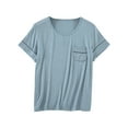 thumbnail image 1 of ShomPort Casual Nightwear for Womens Round Collared Short Sleeve Stripe Pattern Soft Tees Tops Comfort Pajama with Chest Pockets, 1 of 4