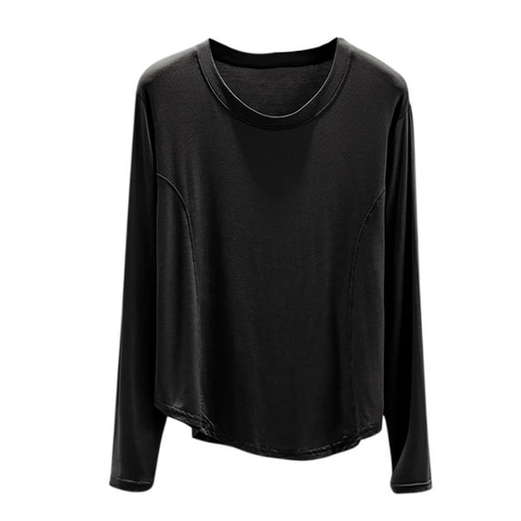ShomPort Casual Pajamas for Womens Round Neck Long Sleeve Lightweight Soft Loungewear Solid Color Smoothing Everyday Tees Tops