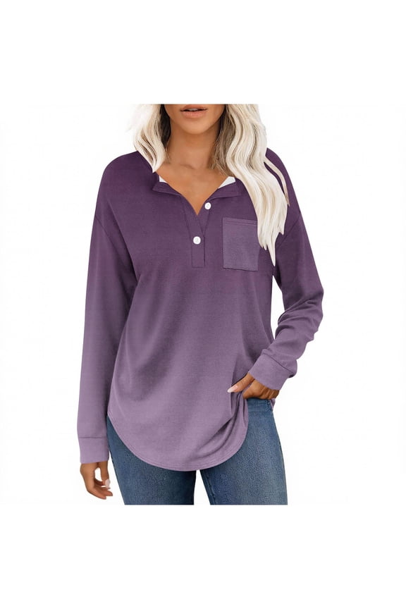 Casual Shirt for Womens Gradient Color Drop Shoulder Long Sleeve Lape Button Loungewear Comfort Tops with Chest Pocket
