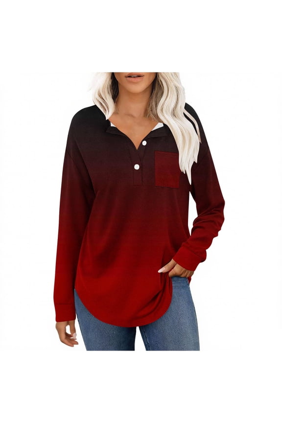 Casual Shirt for Womens Gradient Color Drop Shoulder Long Sleeve Lape Button Loungewear Comfort Tops with Chest Pocket