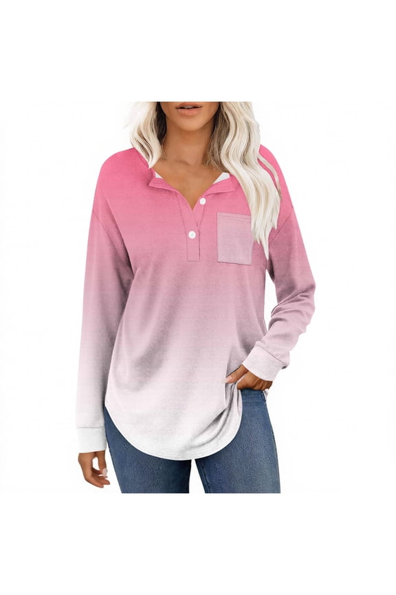 Casual Shirt for Womens Gradient Color Drop Shoulder Long Sleeve Lape Button Loungewear Comfort Tops with Chest Pocket