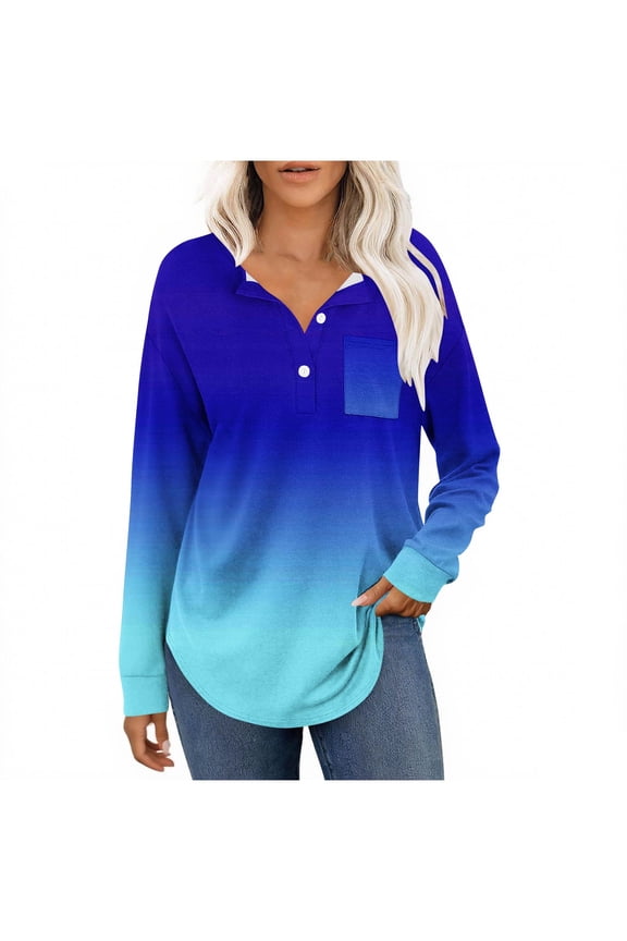 Casual Shirt for Womens Gradient Color Drop Shoulder Long Sleeve Lape Button Loungewear Comfort Tops with Chest Pocket
