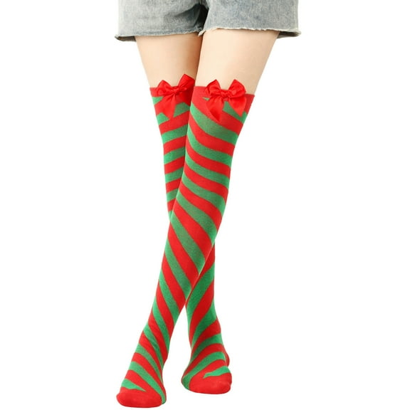 ShomPort Christmas Thigh High Tights for Womens Bow Knot Stripe Pattern Soft Party Breathable Cozy Footed Stockings