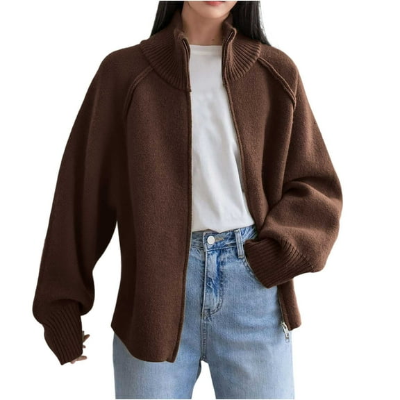 ShomPort Coats for Womens Raglan Sleeve Ribbed Cuff Double Zipper Stand Collar Oversized Stylish Overcoat Solid Color Cozy Jackets