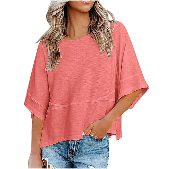 ShomPort Comfortable Loose T-Shirts for Women Summer Solid Color 3/4 Sleeve Round Neck Tops Shirts