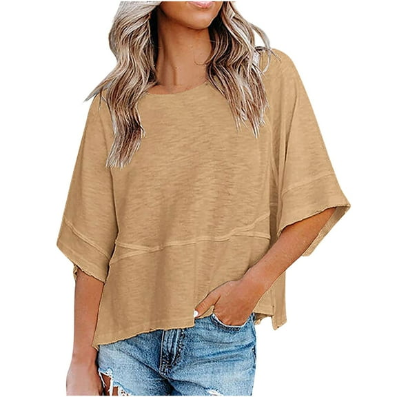 ShomPort Comfortable Loose T-Shirts for Women Summer Solid Color 3/4 Sleeve Round Neck Tops Shirts