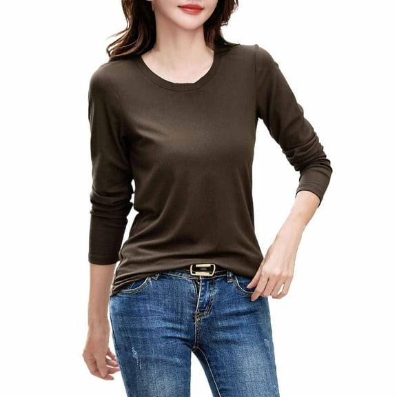 ShomPort Comfortable Tops for Women Basic Round Neck Long Sleeve T-Shirt Solid Color Pullovers
