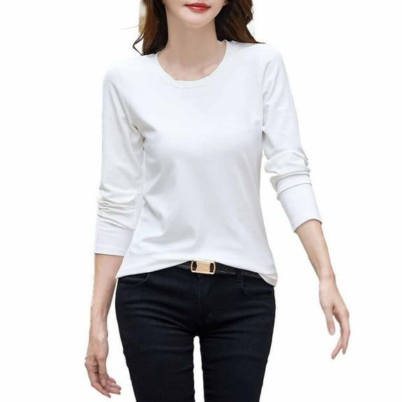ShomPort Comfortable Tops for Women Basic Round Neck Long Sleeve T-Shirt Solid Color Pullovers
