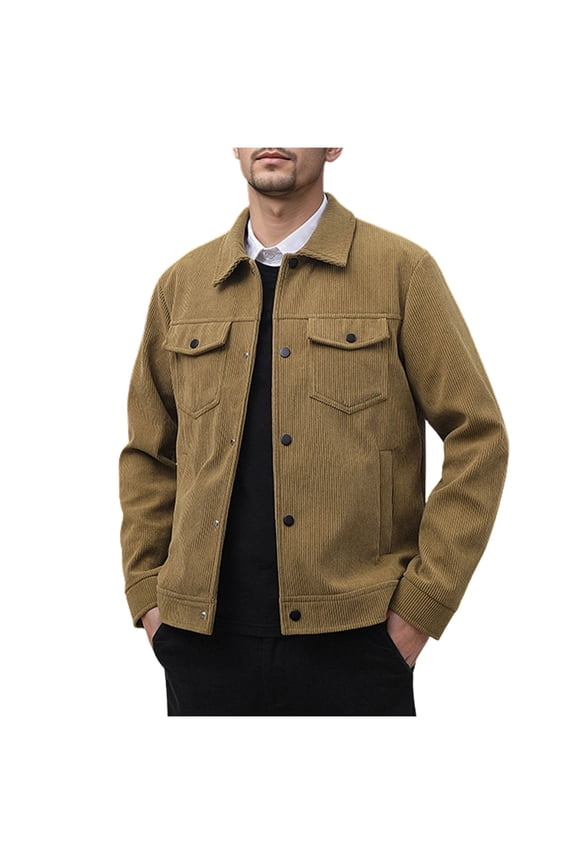 Corduroy Jackets for Big and Tall Mens Turndown Collared Long Sleeve Button Up Coats Lightweight Solid Color Outwear