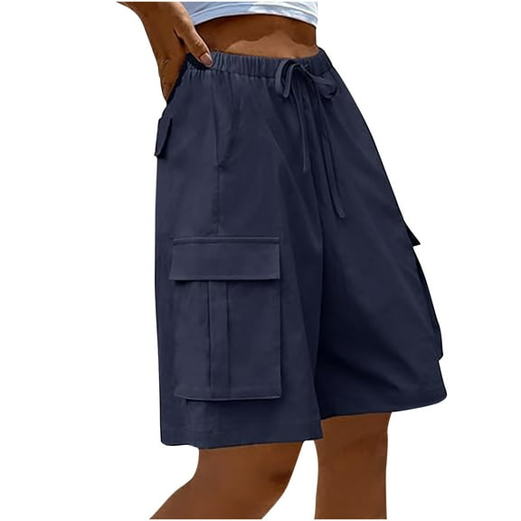 ShomPort Cotton Baggy Shorts for Women Summer Casual Drawstring Elastic Waist Cargo Shorts with Pockets