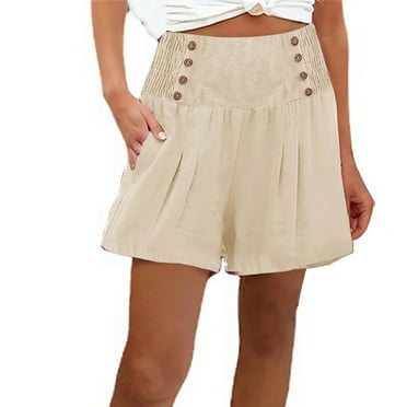 ShomPort Cotton Beach Shorts for Women Summer Casual Elastic High Waist Wide Leg Shorts with Pockets