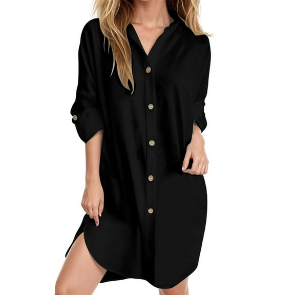 ShomPort Cotton Dress for Women Button down Shirt Dresses Long Sleeve Loose Midi Dresses Solid Color Tunics