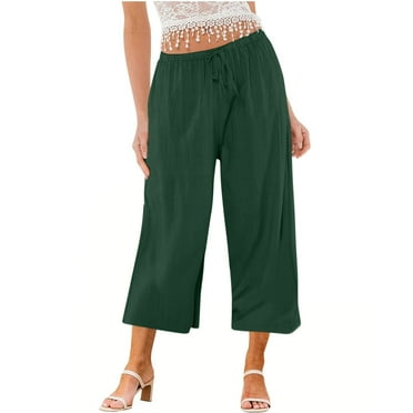ShomPort Cotton Linen Capri Pants with Pockets for Women Summer Casual Drawstring Elastic Waist Wide Leg Pants