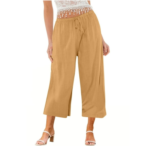 ShomPort Cotton Linen Capri Pants with Pockets for Women Summer Casual Drawstring Elastic Waist Wide Leg Pants
