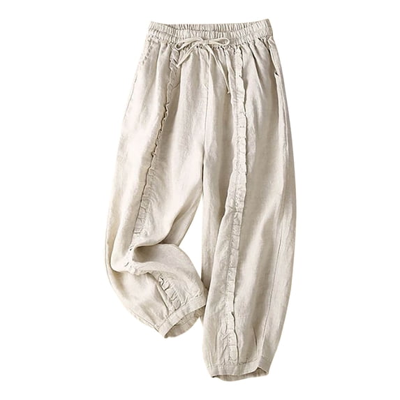 ShomPort Cotton Linen Capris Pants for Women Summer Casual High Elastic Waist Vintage Print Lantern Pants with Pockets
