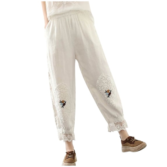 ShomPort Cotton Linen Capris Pants for Women Summer Casual High Elastic Waist Vintage Print Lantern Pants with Pockets