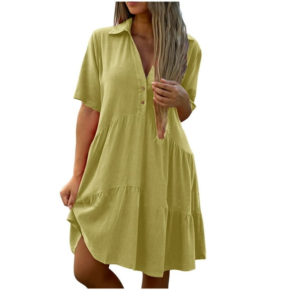 ShomPort Cotton Linen Casual Dress for Women Summer Loose Lapel Button Up Short Sleeve Midi Dresses