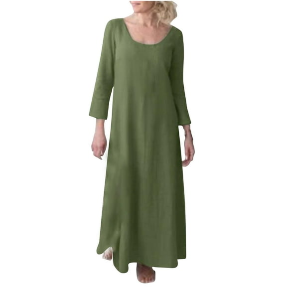 ShomPort Cotton Linen Dresses for Women 3/4 Sleeve Crew Neck Fashion Casual Loose Beach Dress