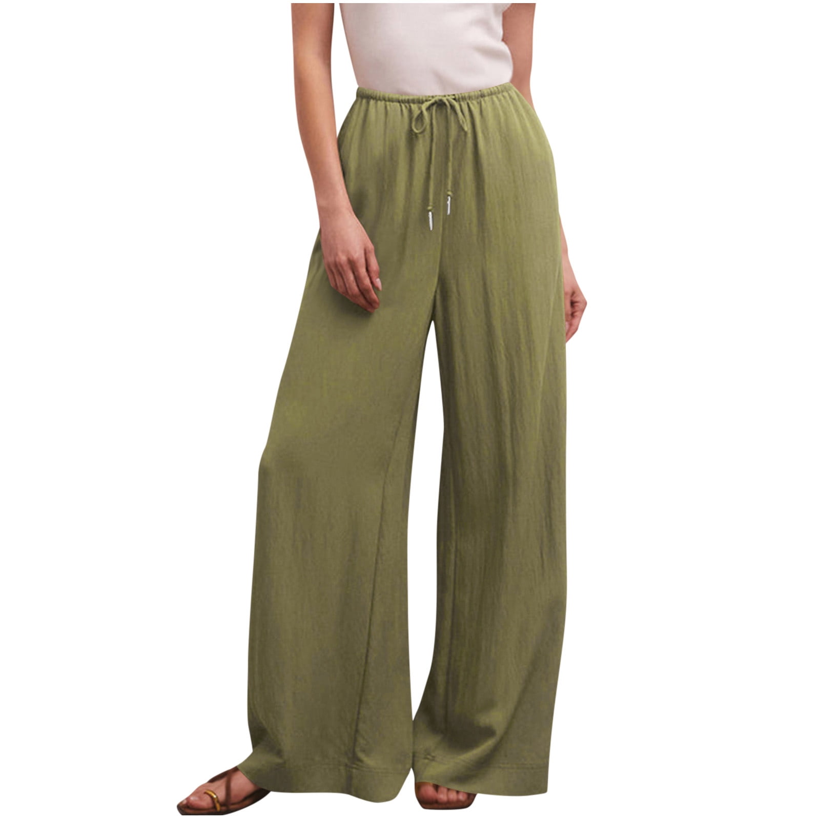 ShomPort Cotton Linen Palazzo Pants for Tall Women Drawstring Elastic ...