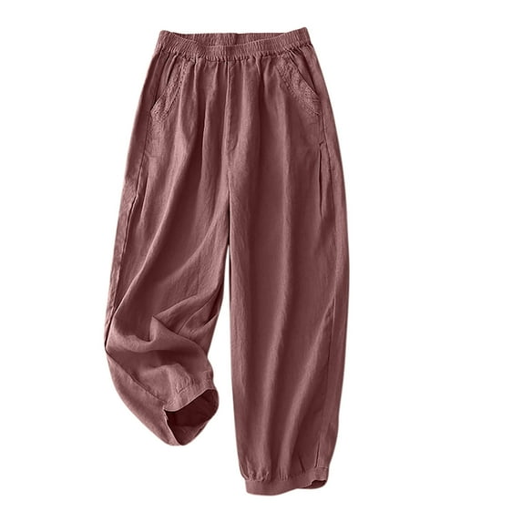 ShomPort Cotton Linen Pants for Women Summer Solid Color Elastic High Waist Loose Wide Leg Pants with Pockets