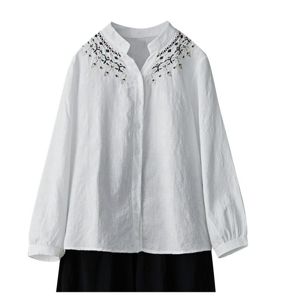 ShomPort Cotton Linen Shirts for Women Embroidered Button Down Blouses Vintage Round Neck Long Sleeve Tops