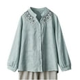 thumbnail image 1 of ShomPort Cotton Linen Shirts for Women Embroidered Button Down Blouses Vintage Round Neck Long Sleeve Tops, 1 of 2