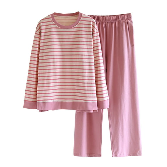 ShomPort Cotton Pajama Set for Womens Long Sleeve Striped Sleep Shirt and Solid Color Pants Cute Pjs Sets 2 Piece