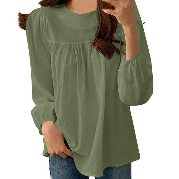 ShomPort Cotton Tops for Women Casual Lantern Long Sleeve Crew Neck Shirts Solid Color Loose Tunics