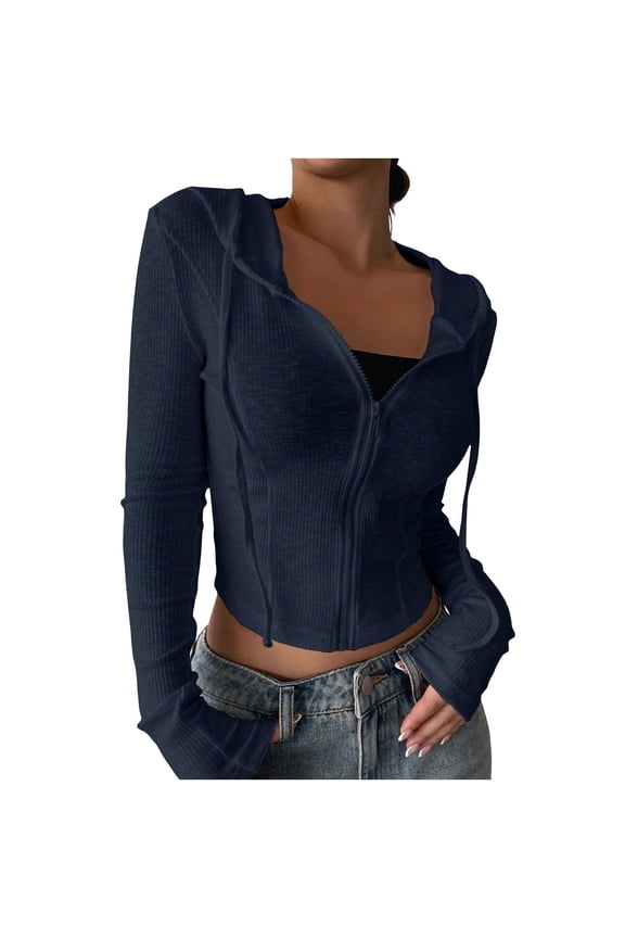Crop Jackets for Womens Knit Ribbed Full Zip Drawstring Stretchy Long Sleeve Coats with Hooded Going Out Lightweight Slim Tops