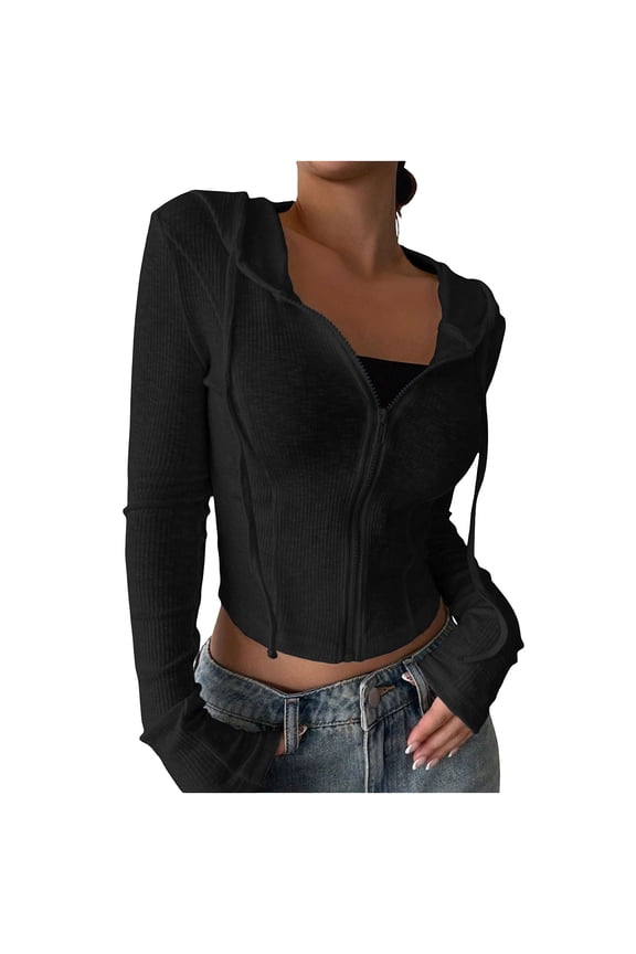 Crop Jackets for Womens Knit Ribbed Full Zip Drawstring Stretchy Long Sleeve Coats with Hooded Going Out Lightweight Slim Tops