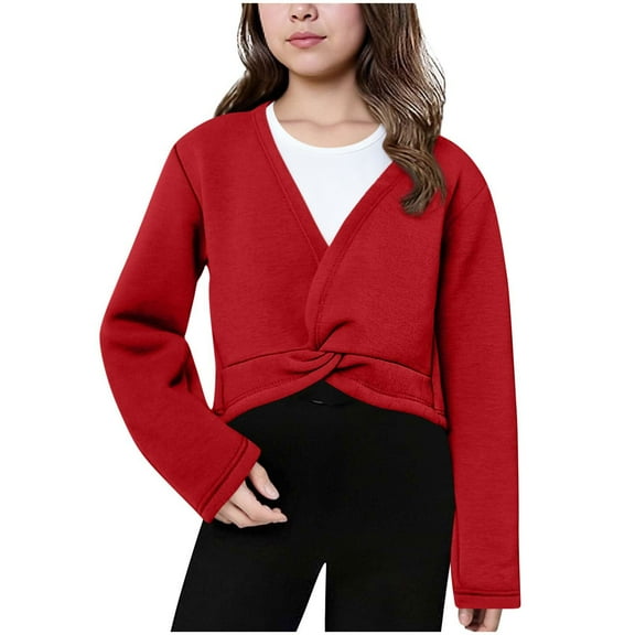 ShomPort Crop Tops for Girls V-Neck Long Sleeve Fleece Lined Twist Front Cotton Lightweight Wrap Tops Comfy Pullover Sweater