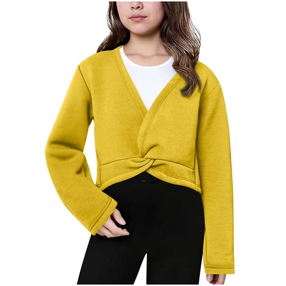 ShomPort Crop Tops for Girls V-Neck Long Sleeve Fleece Lined Twist Front Cotton Lightweight Wrap Tops Comfy Pullover Sweater