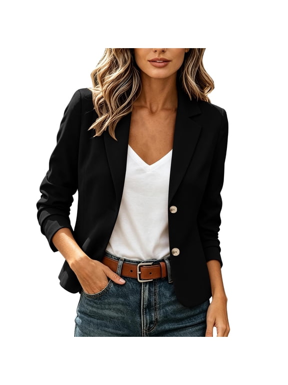 Cropped Blazer for Women Button down Long Sleeve Open Front Suit Jacket Commuting Business Casual Blazer