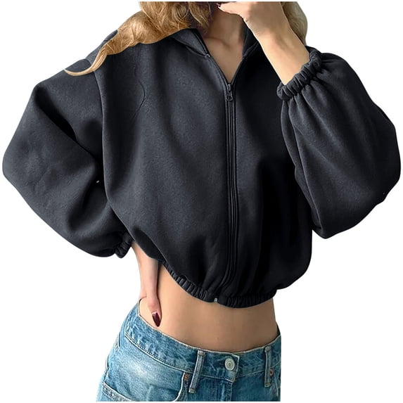 ShomPort Cropped Hooded Jacket for Women Fall Trendy Zipper Up Hoodie Women Casual Outerwear