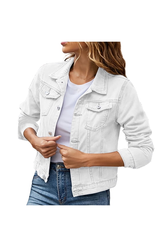 Denim Jacket for Women Jean Jackets Button up Long Sleeve Vintage Jacket Pockets Cropped Tops