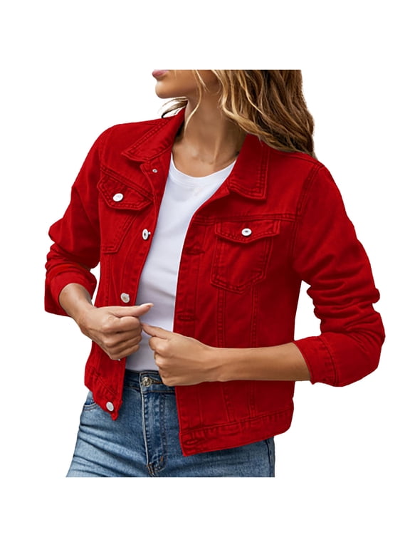 Denim Jacket for Women Jean Jackets Button up Long Sleeve Vintage Jacket Pockets Cropped Tops