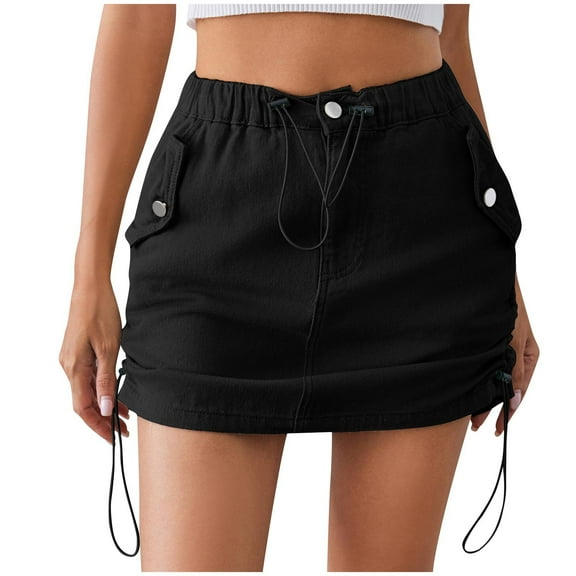 ShomPort Denim Mini Skirt for Women Summer Casual Cargo Short Skirt Drawstring Elastic Waist Button Skirts