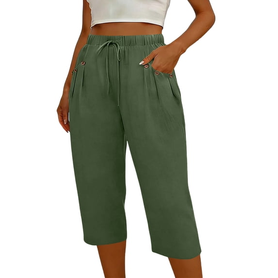 ShomPort Drawstring Capris for Women with Pockets Below Knee Length Breathable Cotton Linen Pants