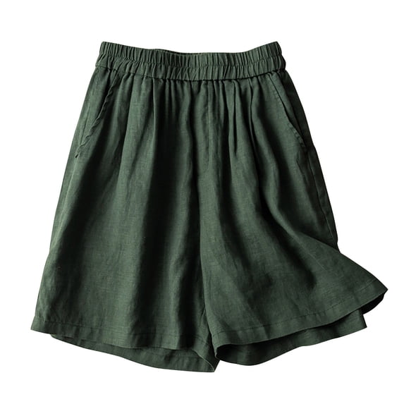 ShomPort Elastic High Waist Cotton Linen Shorts for Women Summer Breathable Wide Leg Shorts with Pockets