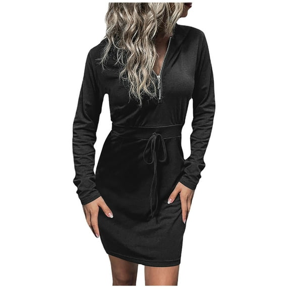 ShomPort Fall Tie Waist Short Dress Elegant Zipper V-Neck Long Sleeve Dress Solid Color Mini Dress