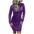 thumbnail image 1 of ShomPort Fall Tie Waist Short Dress Elegant Zipper V-Neck Long Sleeve Dress Solid Color Mini Dress, 1 of 6