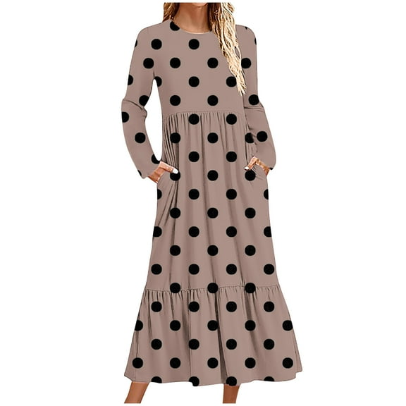 ShomPort Fall Casual Long Dress for Tall Women Round Neck Long Sleeve Ruffle Dresses with Pockets