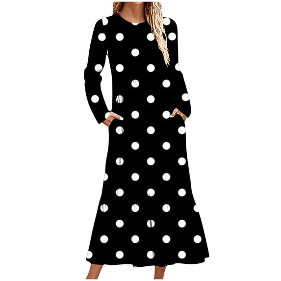 ShomPort Fall Casual Long Dress for Tall Women Round Neck Long Sleeve Ruffle Dresses with Pockets
