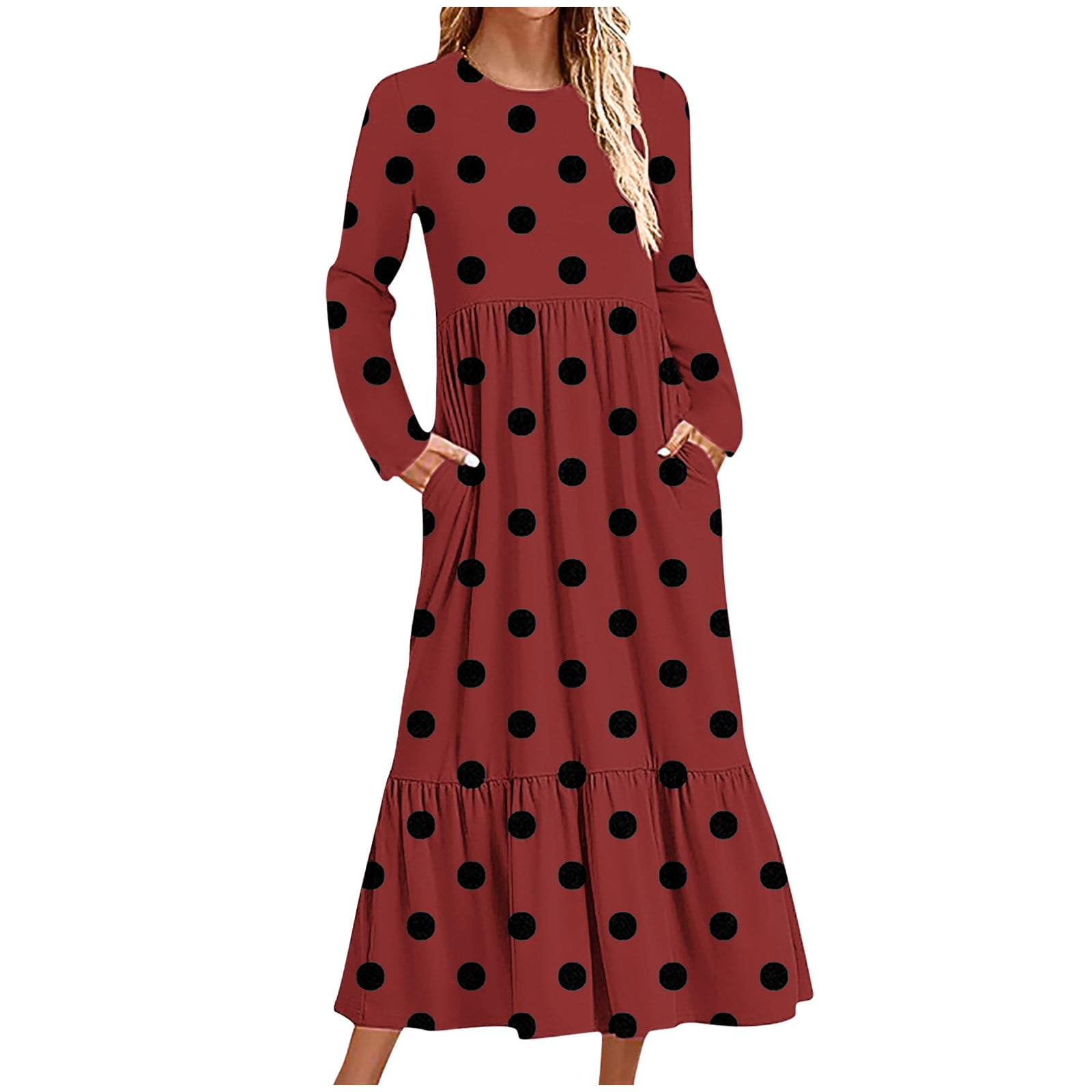 Shomport Fall Casual Long Dress for Tall Women Round Neck Long Sleeve Ruffle Dresses with Pockets, Women's, Size: 2XL, Brown