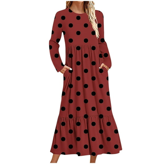 ShomPort Fall Casual Long Dress for Tall Women Round Neck Long Sleeve Ruffle Dresses with Pockets